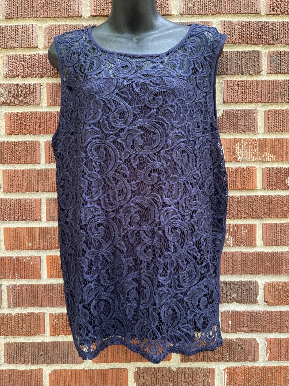 Adrianna Papell Womens XL Navy Blue Lace Overlay Stretch Sleeveless Tank Blouse